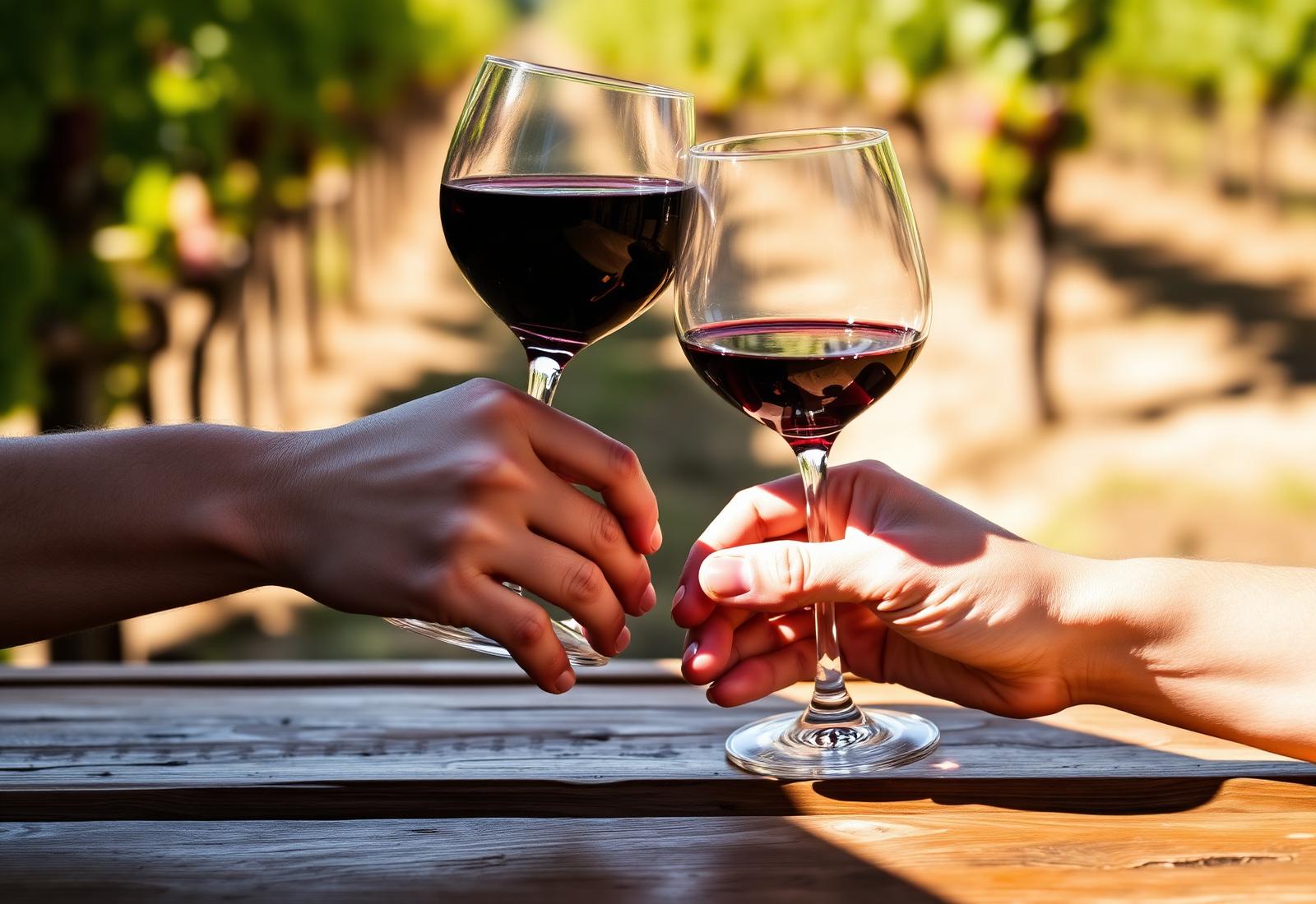 Two glasses of red wine toasting